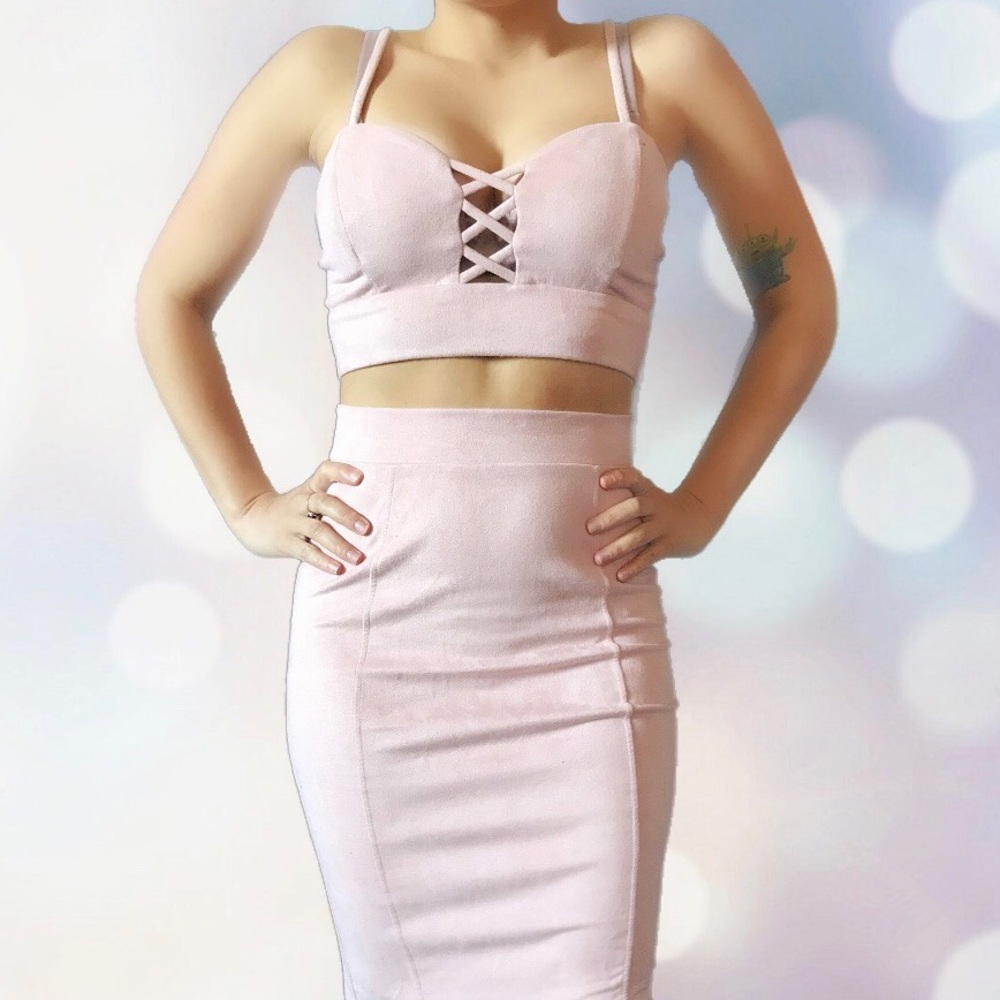 Pink suede pencil skirt two piece set